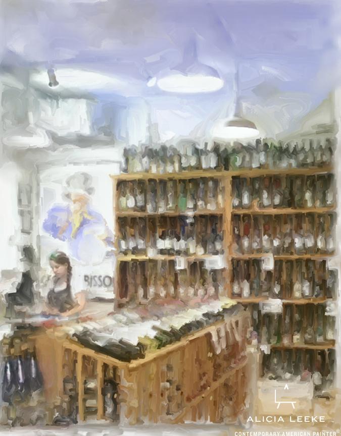 Impressionistic digital mixed media of a wine store by contemporary American artist Alicia Leeke