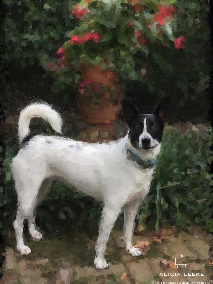 Mixed media portrait of a pet spotted dog by contemporary American painter Alicia Leeke