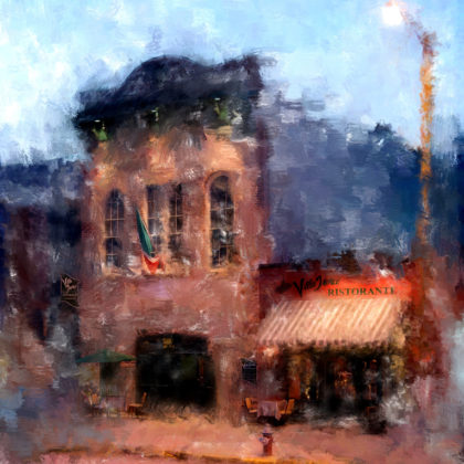 Impressionist digital mixed media of a restaurant with awning in Columbia SC by South Carolina artist Alicia Leeke