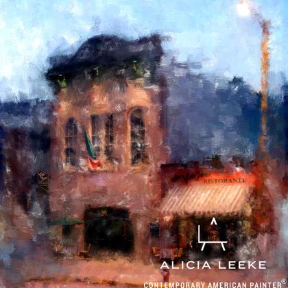 Impressionist digital mixed media of a restaurant with awning in Columbia SC by South Carolina artist Alicia Leeke