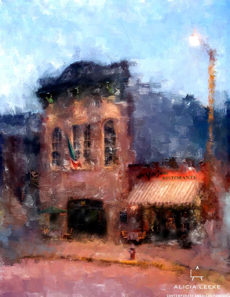 Impressionist digital mixed media of a restaurant with awning in Columbia SC by South Carolina artist Alicia Leeke