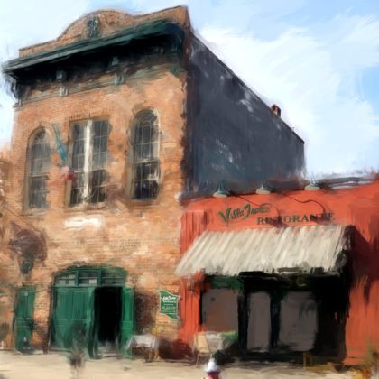 Impressionist digital mixed media cityscape of a restaurant with an awning in Columiba SC by South Carolina artist Alicia Leeke
