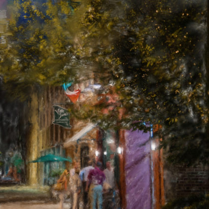 Impressionist digital mixed media cityscape of a restaurant at night in Columiba SC by South Carolina artist Alicia Leeke