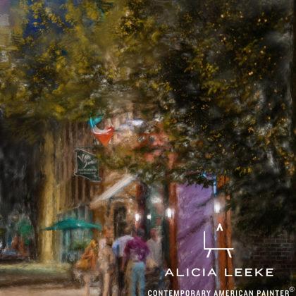 Impressionist digital mixed media cityscape of a restaurant at night in Columiba SC by South Carolina artist Alicia Leeke