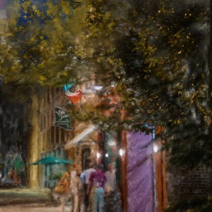 Impressionist digital mixed media cityscape of a restaurant at night in Columiba SC by South Carolina artist Alicia Leeke