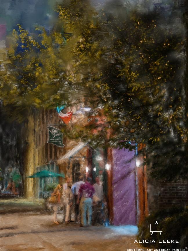 Impressionist digital mixed media cityscape of a restaurant at night in Columiba SC by South Carolina artist Alicia Leeke
